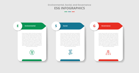 ESG sustainability concept for infographic with drop shadow style with table box container with circle and arrow direction with 3 point list information