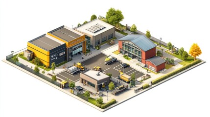 Business park icon with modern low-rise structures and digital layout style