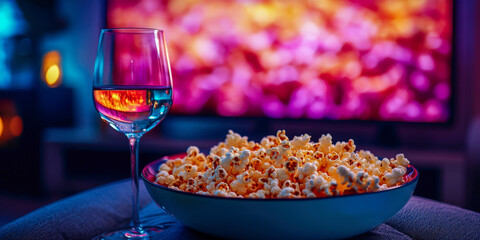 Enjoying a cozy movie night with popcorn and a glass of sparkling drink at home with vibrant TV backdrop