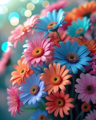 Fototapeta premium Vibrant colorful daisies in full bloom under sunlight, radiating joy and beauty in a dreamy garden setting perfect for spring and summer floral inspiration