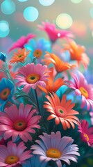 Vibrant colorful daisies in full bloom under sunlight, radiating joy and beauty in a dreamy garden setting perfect for spring and summer floral inspiration

