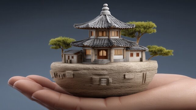 Serene temple balanced precariously on a large supportive hand - design texture seamless pattern background