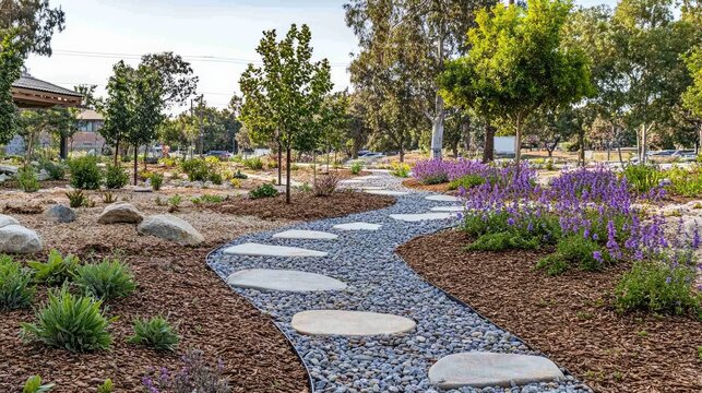 City median landscape with sustainable low-water plants, stone mulch, and drip irrigation