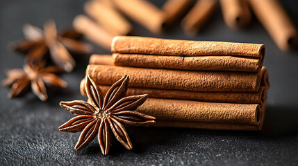 Aromatic Cinnamon Sticks and Star Anise on Dark Background
