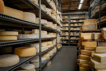 Aged Cheese Wheels and Blocks on Metal Shelves in a Cool Warehouse