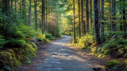Obraz premium Sunlit Forest Path: A Serene Walk Through Nature's Embrace