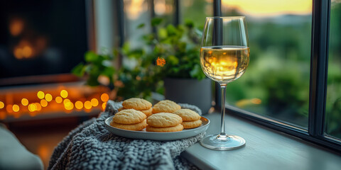 Warm evening gathering with cookies and wine beside the window