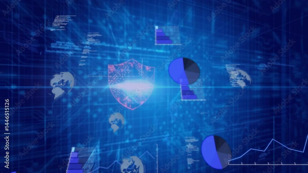 Poster animated 3d render showing holographic shield glowing with cybersecurity charts floating on grid