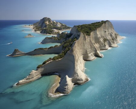 Breathtaking aerial shot of Cape Drastis' rugged beauty, Corfu Island Turquoise waters meet dramatic white cliffs - design seamless abstract texture pattern