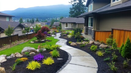 Naklejka premium Contemporary hardscape design with poured concrete paths and clean-lined planting beds
