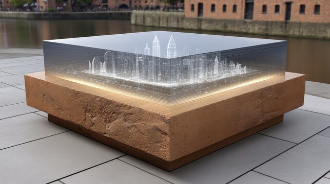 Clean brick square, futuristic holographic city projection Perfect for smart city, technology, urban development concepts - abstract building futuristic innovation