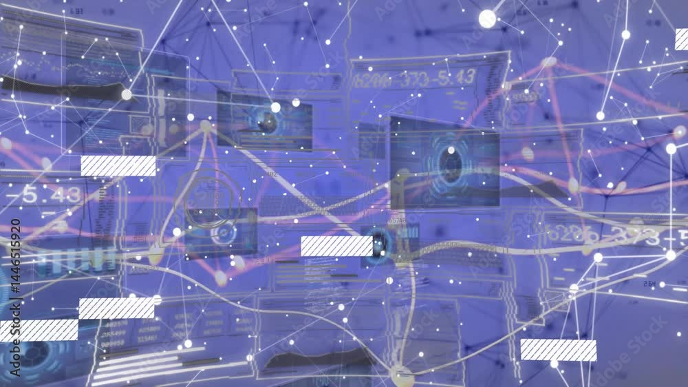 Poster network node visualization moving in flat design, showing floating ui panels, glowing data streams