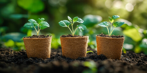 Seedlings grow in compostable pots for an organic garden in bright sunlight