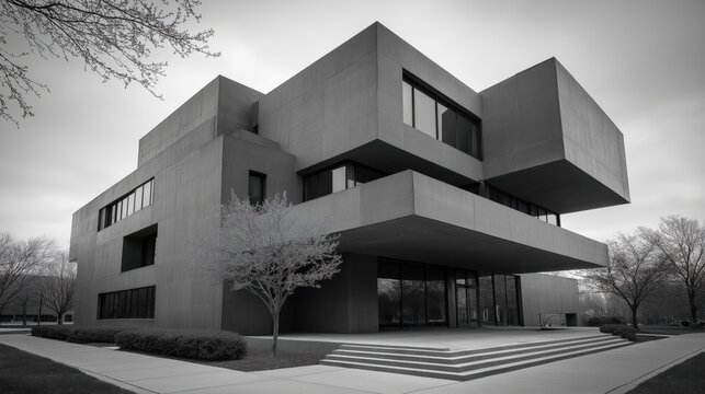 Modern architectural structure with geometric concrete blocks and rectangular windows in a park-like setting