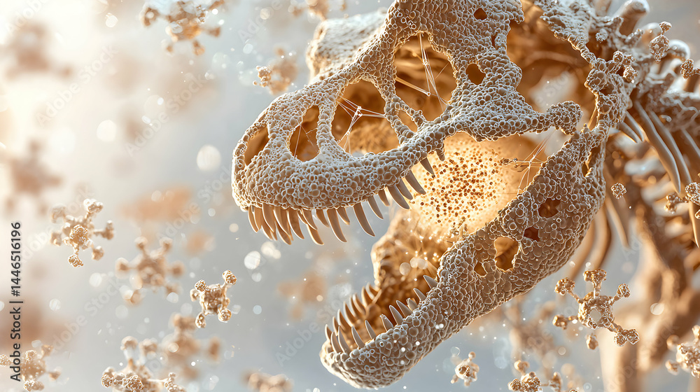 Poster a detailed artistic rendering of a dinosaur skull. it's filled with intricate textures and floating 