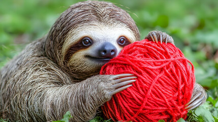 Fototapeta premium Cute Sloth Holding a Red Yarn Ball in a Green Natural Setting