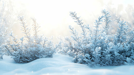 Fototapeta premium Frosty Winter Landscape with Snow-Covered Plants in Soft Light