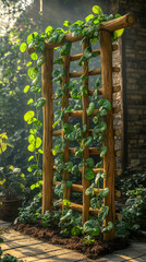 Garden trellis supporting climbing beans in an organic garden surrounded by lush greenery and sunlight filtering through