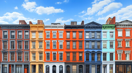 Fototapeta premium Colorful Row of Historical Buildings with Blue Sky and Clouds