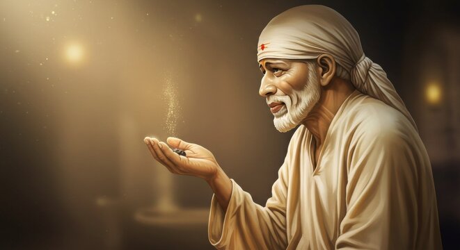 Sai Baba blessing with ash and light, symbol of faith and spirituality