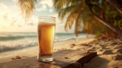 Tall glass of golden beer with frothy head on weathered wooden surface on sandy beach at sunset