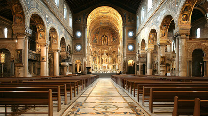 Fototapeta premium Grand Interior of Historic Church with Arches and Wooden Benches