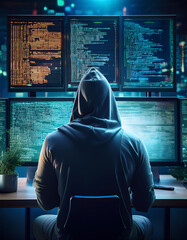 A hooded man sits in front of multiple computer screens displaying lines of code and data. Generative AI.