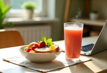 Generative AI Image of a healthy breakfast with juice and a laptop