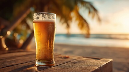 Tall glass of golden beer with frothy head on weathered wooden surface at beachside sunset