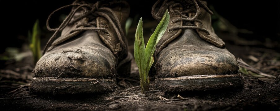 Well-worn boots planted firmly in rich soil, springtime growth emerging - of boots shoots sprout