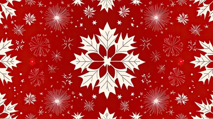Red and white winter pattern with snowflakes and fireworks