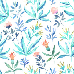 Seamless pattern with wild cute elegant abstract flowers. Watercolor hand-drawn illustration