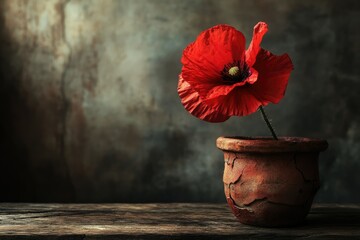 A single red poppy in a rustic, cracked terracotta pot, set against a dark, textured background.