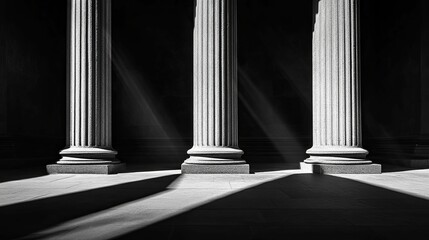 Three classical columns illuminated by light rays.