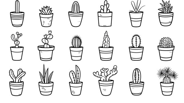 Cactus Thin Line Art Icon Set for Coloring - Isolated Illustrations with Variety of Cacti Plants in Simple Design