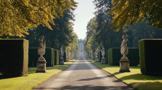 Historic garden design with axial paths, clipped hedges, and classical sculpture