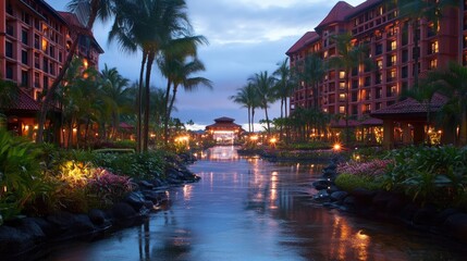 Obraz premium Hotel landscape with tropical plants, pathway lighting, and reflecting pool