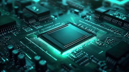 Fototapeta premium Close-up of a glowing teal central processing unit nestled within intricate circuitry on a motherboard