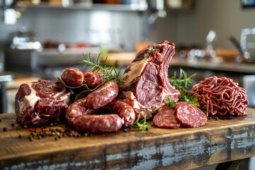  a generous assortment of various raw meat products artfully arranged on a thick, rustic wooden cutting board or butcher block.