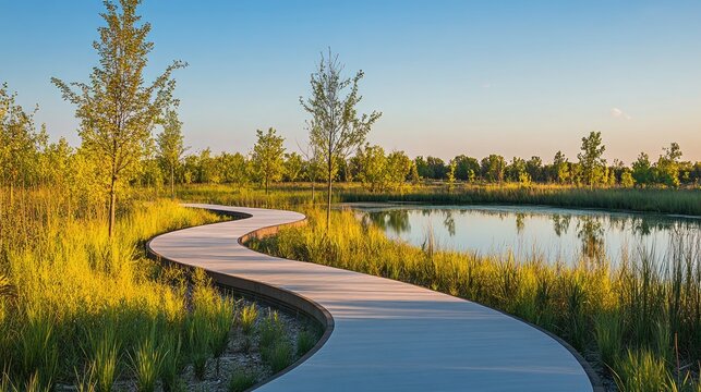 Lakeshore path with boardwalk curves, native vegetation, and riparian buffer zone