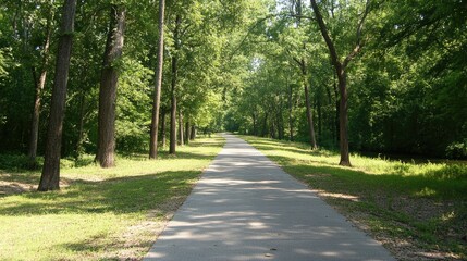 Fototapeta premium Linear park design along rail trail with walking and biking paths flanked by green buffers