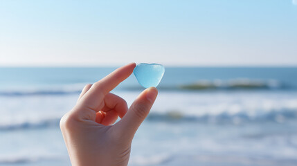 Hand holding heart shaped stone, summer vacation, sea background
