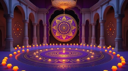 Obraz premium Glowing mandala pattern illuminated by candlelight in a mystical temple interior with arches and soft purple lighting, evoking spirituality, peace and sacred atmosphere