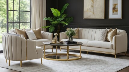 Luxury suite living area with neutral tones, elegant furniture, and high-end finishes