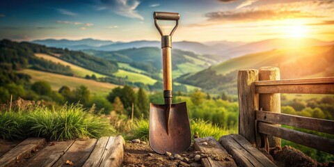 A rustic shovel rests on weathered wood planks, overlooking a serene valley bathed in the golden light of sunset.  The tranquil landscape evokes a sense of peace and possibility.