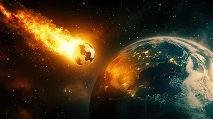 Obraz premium Fiery meteor hurtling towards Earth. A blazing, fiery space rock hurtles toward a planet Earth. The intense heat of the impact is visible as the meteor glows. Stars and space are in the background