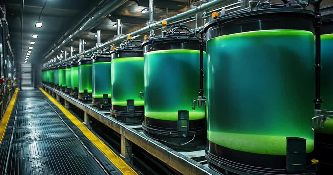 Green bioreactors in a laboratory showcasing algae cultivation with a modern industrial setup