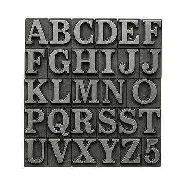 Array of aged metal letterpress type blocks displaying the complete alphabet, essential tools for traditional printing.