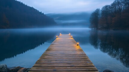 Tranquil wooden pier extending into a misty lake landscape.