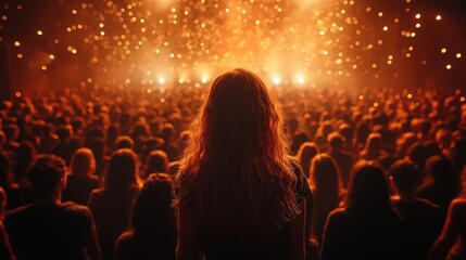 Captivating scene of a concert with a woman in front of the crowd looking to the stage
